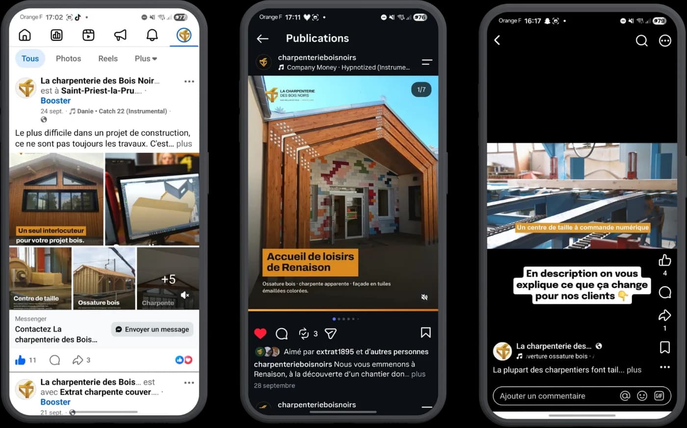 Publications de lancement de La Charpenterie des Bois Noirs sur Facebook et Instagram, créées par Aurea Agency