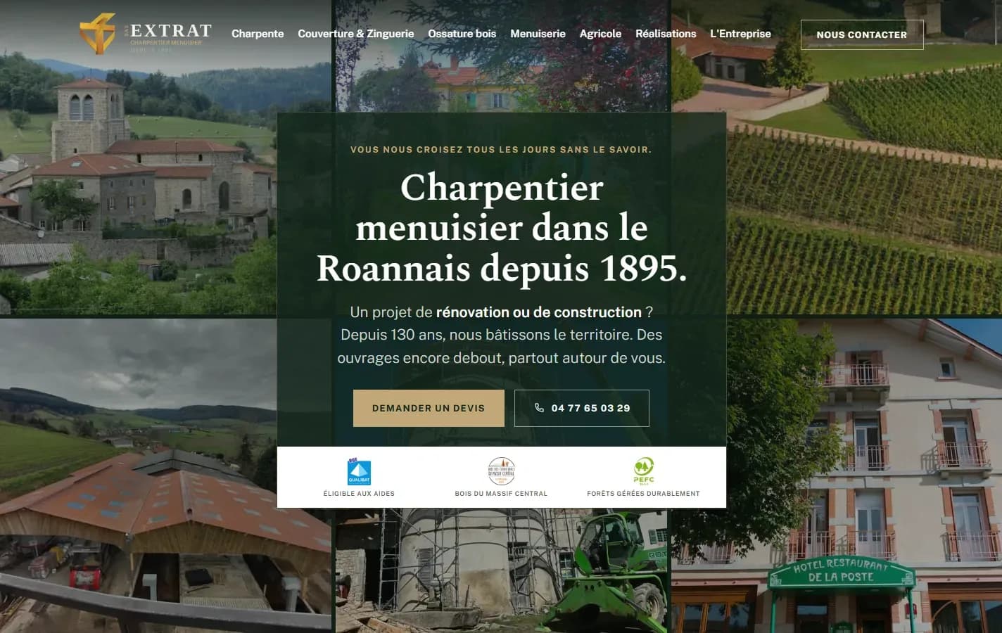 Page d'accueil du nouveau site de la Charpenterie Extrat, charpentier menuisier depuis 1895, création Aurea Agency