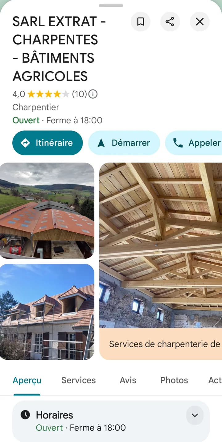 Fiche Google de la Charpenterie Extrat : note de 4 sur 5 pour 10 avis, photos de chantiers récents